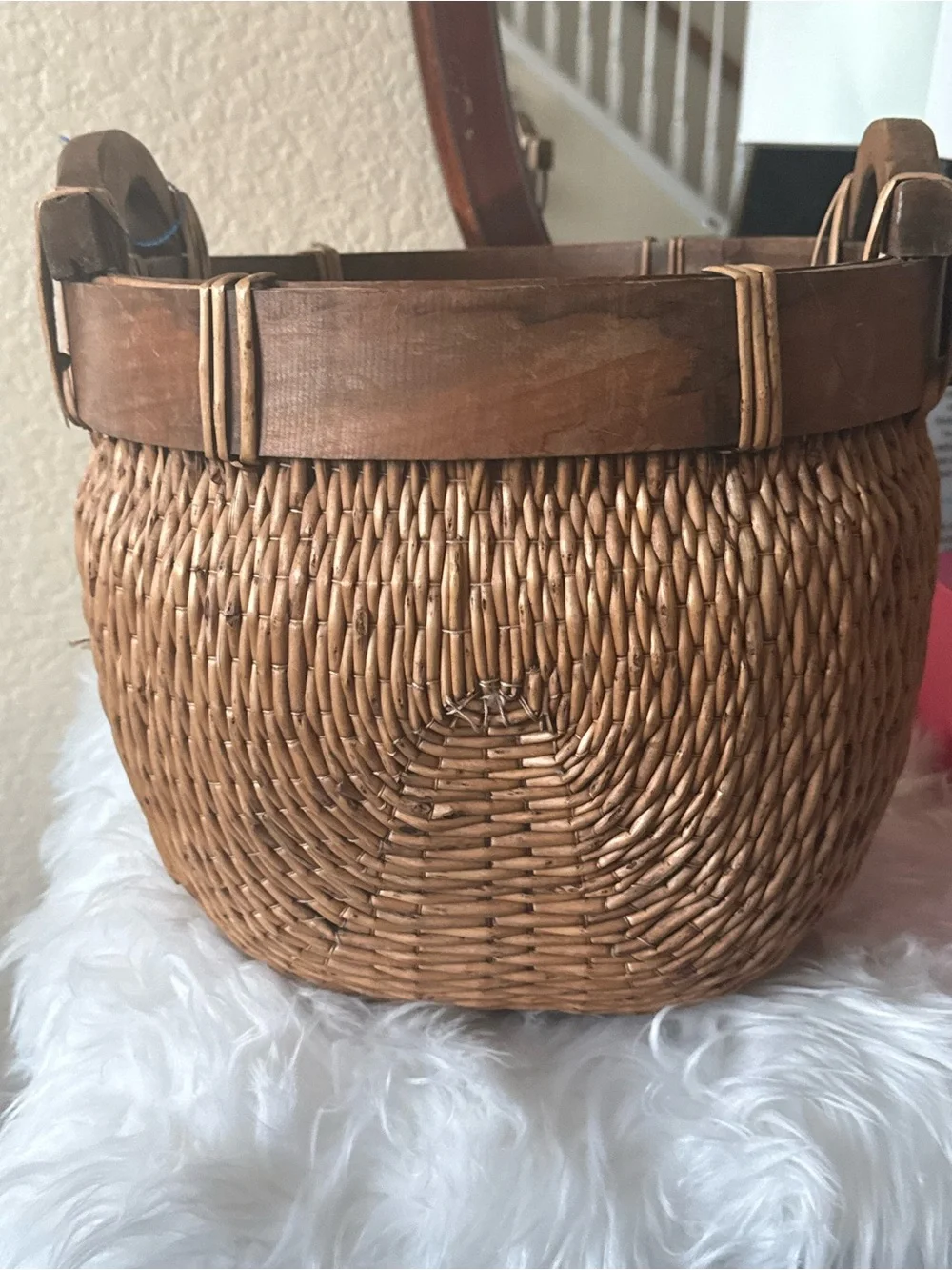 Antique Chinese Woven Willow Gathering Basket Medium Hand Carved Arched Handles